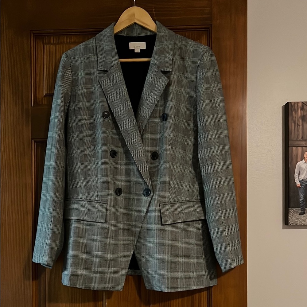 Gray Plaid Double-Breasted Blazer